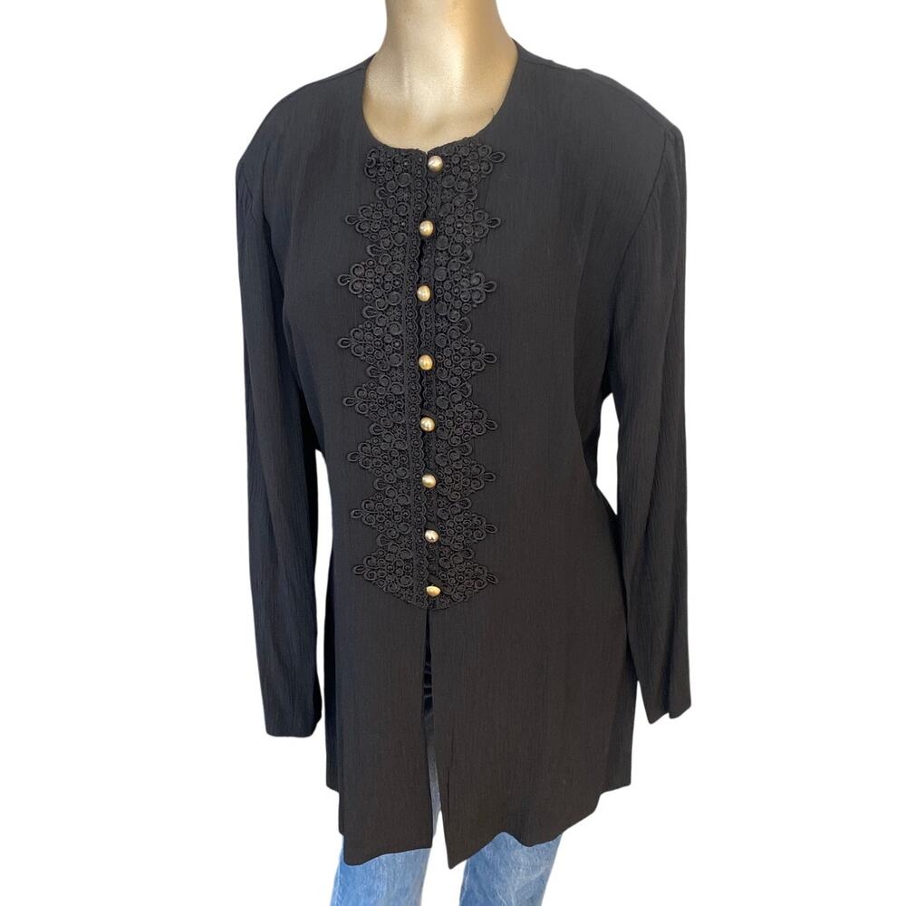 Vintage 90s R&M Richards Black Soutache Gold Button Blouse Tunic 12 USA Made